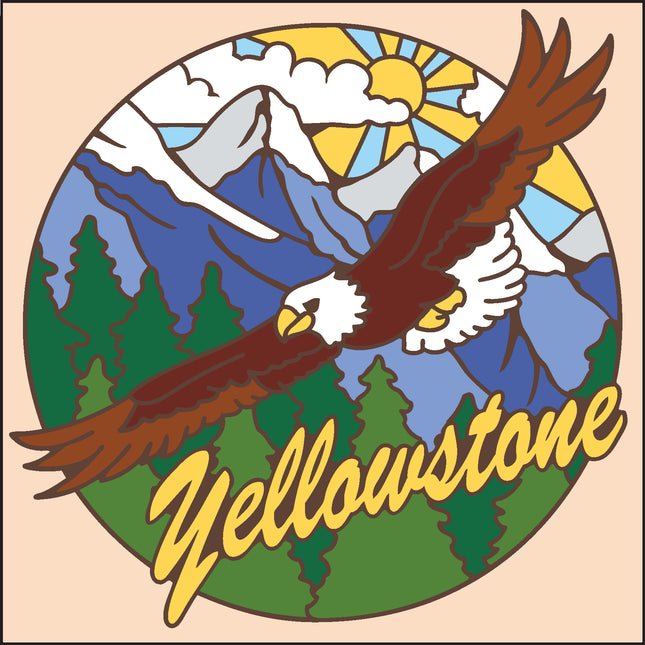Logo of Yellowstone with an eagle, mountains, and trees on a circular design.