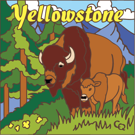 Cartoon illustration of a bison and calf with 'Yellowstone' text in a natural setting. Yellowstone Buffalo Ceramic Tile Trivet Art | National Park Travel Souvenir