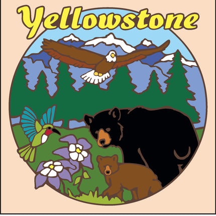 Illustration of Yellowstone with bears, an eagle, and flowers on a circular background, Yellowstone Bears Ceramic Tile Trivet Art | National Park Travel Souvenir