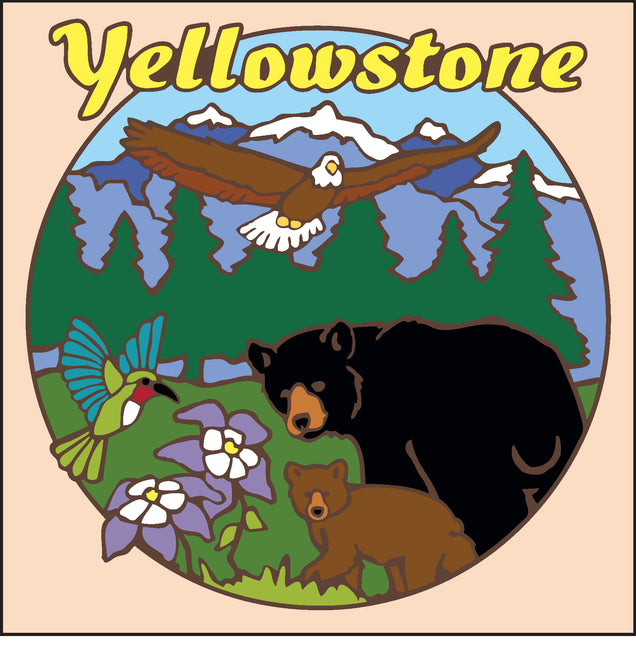 Illustration of Yellowstone with bears, an eagle, and flowers on a circular background, Yellowstone Bears Ceramic Tile Trivet Art | National Park Travel Souvenir