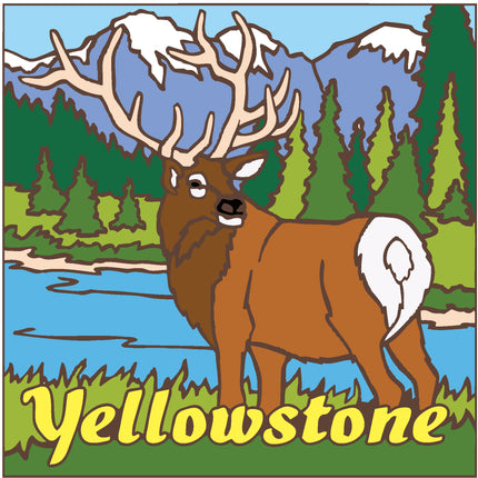Cartoon elk in a natural setting with mountains and trees, featuring the word 'Yellowstone'.