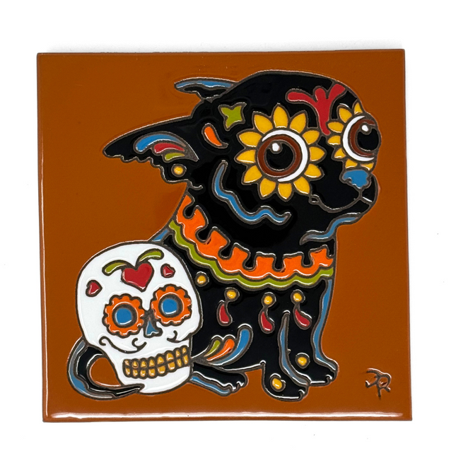 Day of the Dead Chihuahua Popeyed Pup - Earthtones Tile - Ceramic tile house sign, wall art gift or kitchen trivet