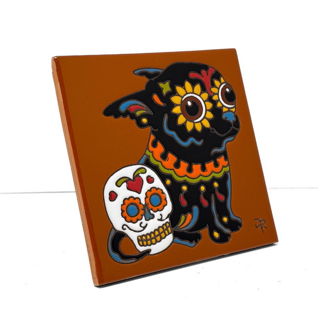 Day of the Dead Chihuahua Popeyed Pup - Earthtones Tile - Ceramic tile house sign, wall art gift or kitchen trivet