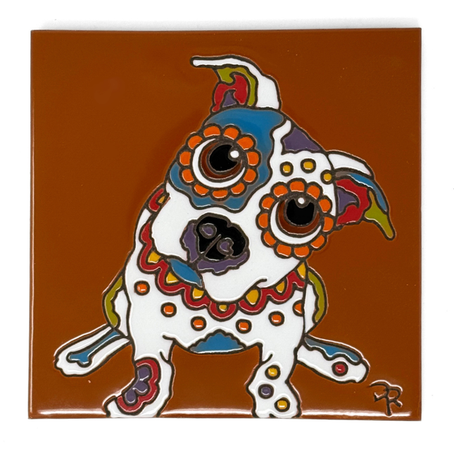 Day of the Dead Pitbull Popeyed Pup - Earthtones Tile - Ceramic tile house sign, wall art gift or kitchen trivet