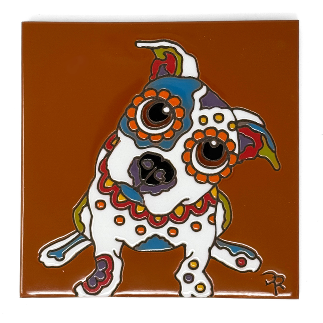 Day of the Dead Pitbull Popeyed Pup - Earthtones Tile - Ceramic tile house sign, wall art gift or kitchen trivet