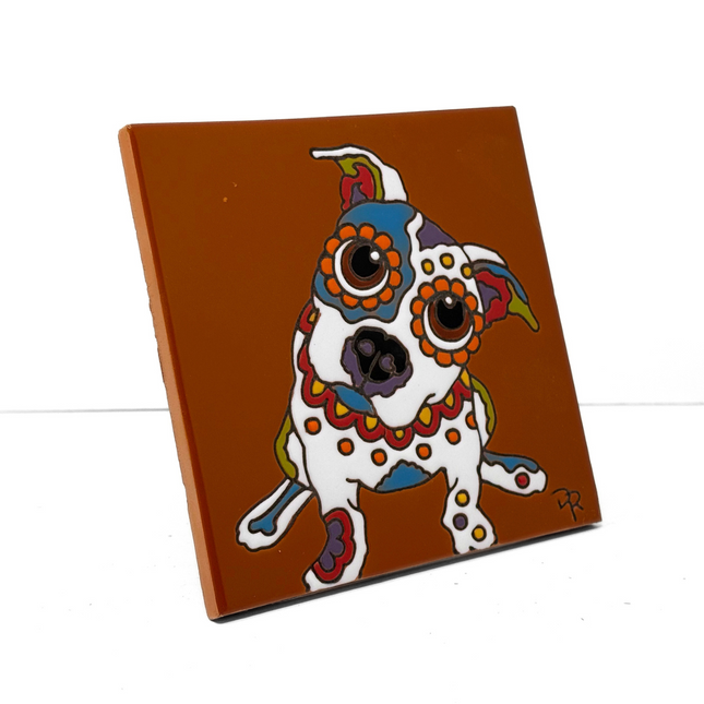 Day of the Dead Pitbull Popeyed Pup - Earthtones Tile - Ceramic tile house sign, wall art gift or kitchen trivet
