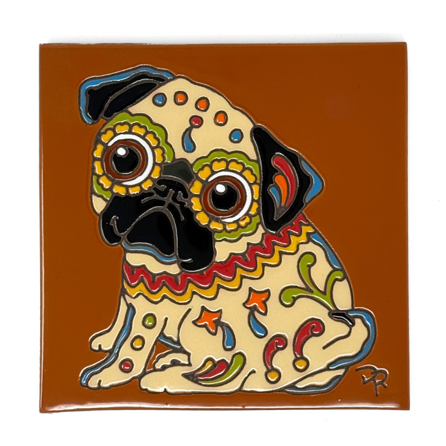 Day of the Dead Pug Popeyed Pup - Earthtones Tile - Ceramic tile house sign, wall art gift or kitchen trivet