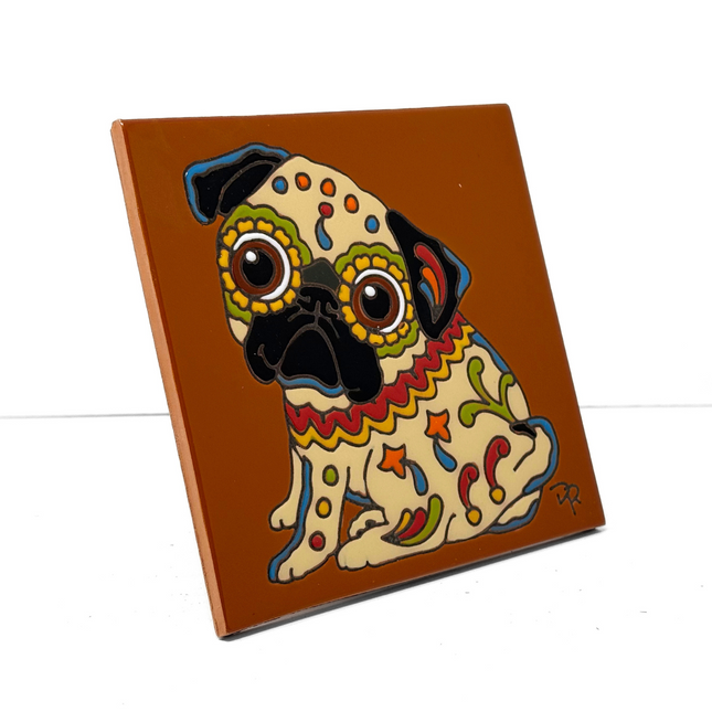 Day of the Dead Pug Popeyed Pup - Earthtones Tile - Ceramic tile house sign, wall art gift or kitchen trivet