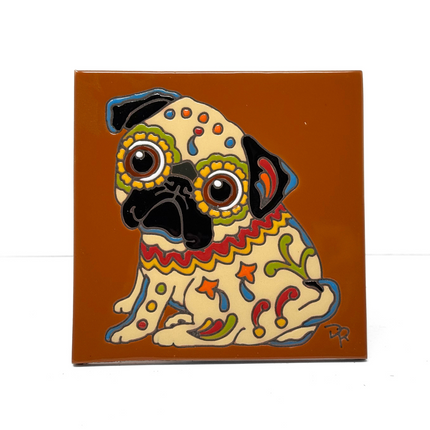 Day of the Dead Pug Popeyed Pup - Earthtones Tile - Ceramic tile house sign, wall art gift or kitchen trivet