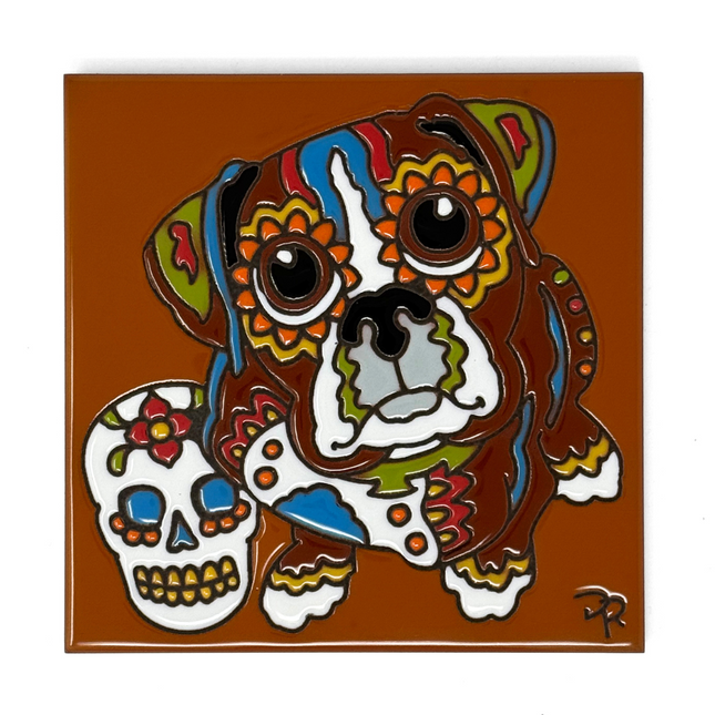 Day of the Dead Boxer Popeyed Pup - Earthtones Tile - Ceramic tile house sign, wall art gift or kitchen trivet