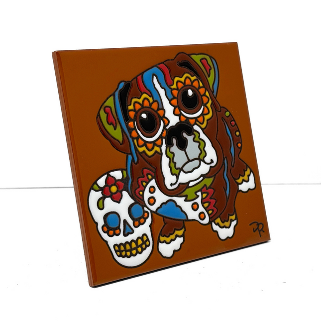 Day of the Dead Boxer Popeyed Pup - Earthtones Tile - Ceramic tile house sign, wall art gift or kitchen trivet