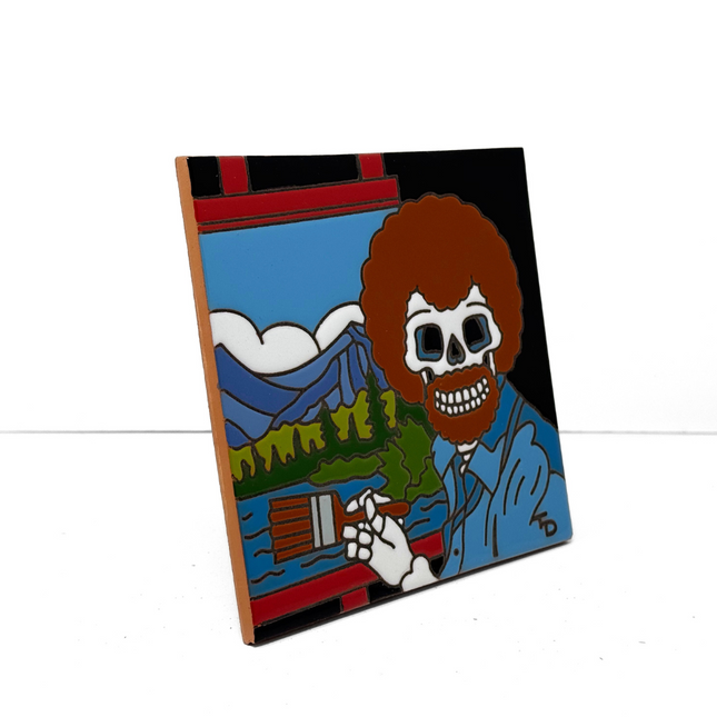Day of the Dead Bob Ross - Earthtones Tile - Ceramic tile house sign, wall art gift or kitchen trivet