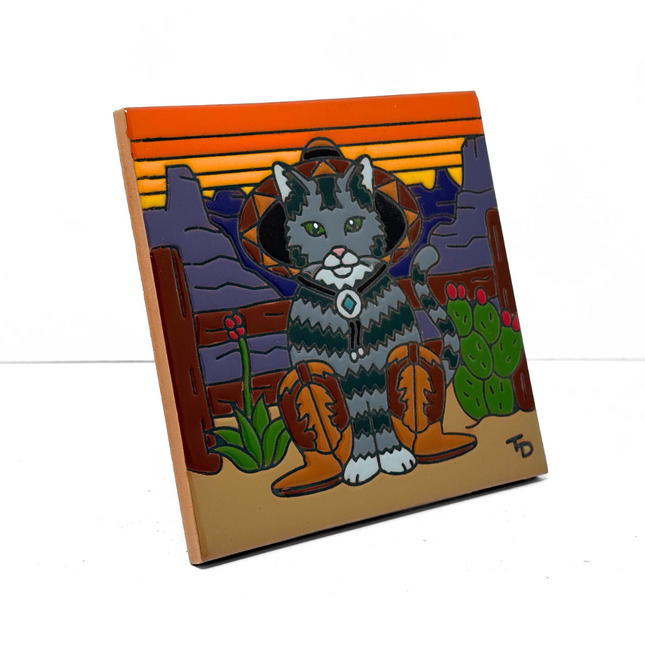Cat Bandit - Earthtones Tile - Ceramic tile house sign, wall art gift or kitchen trivet