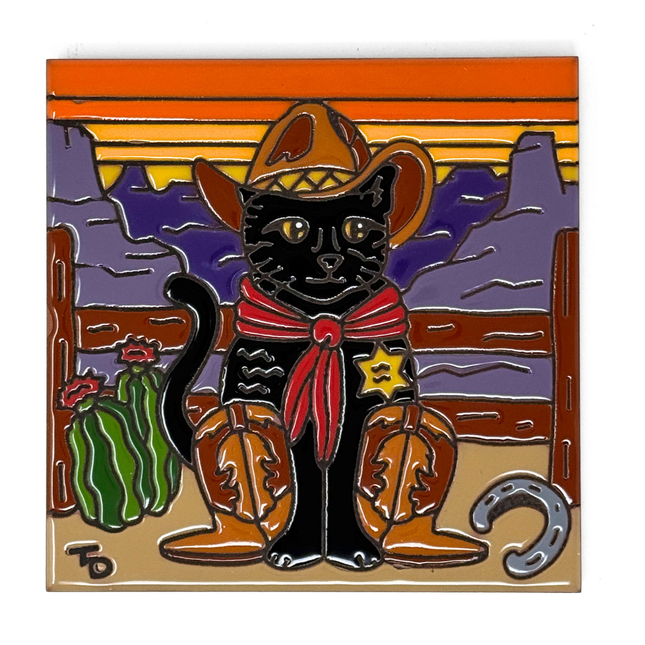 Cowboy Kitty - Ceramic Tile Art Gift for Pet Lovers - Southwest Cat gift