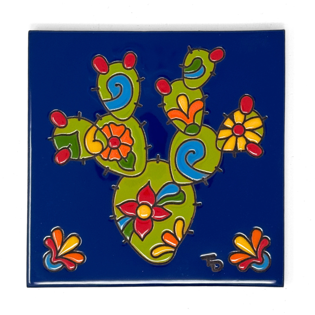 Talavera Prickly Pear Cactus - Earthtones Tile - Ceramic tile house sign, wall art gift or kitchen trivet