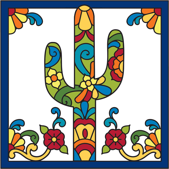 Colorful cactus illustration with floral patterns on a white background