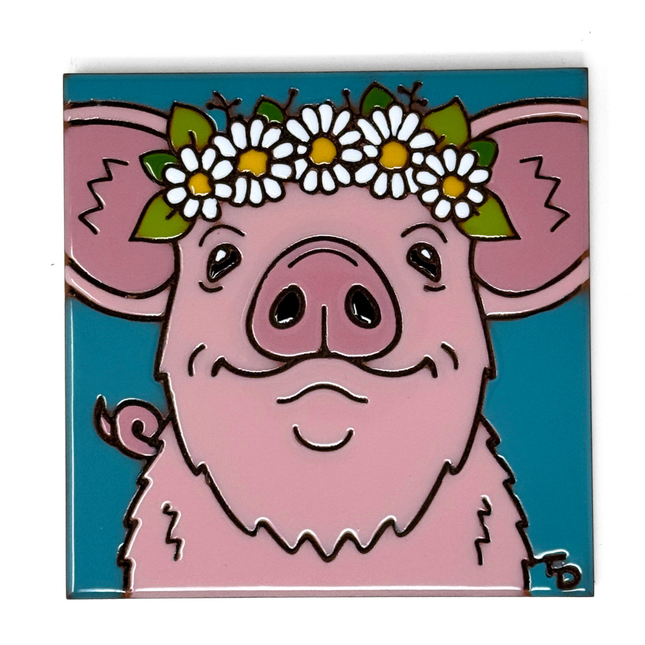 Farmhouse Pig with Flower Crown Decorative Tile on Turquoise - Ceramic Tile Art Gift - Garden Gift