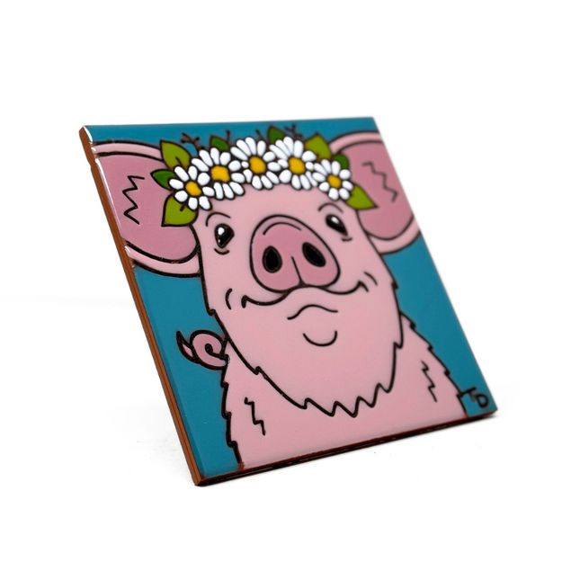 Farmhouse Pig with Flower Crown Decorative Tile on Turquoise - Ceramic Tile Art Gift - Garden Gift