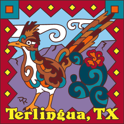 Colorful illustration of a rooster with decorative elements and 'Terlingua, TX' text.
