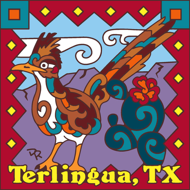 Colorful illustration of a rooster with decorative elements and 'Terlingua, TX' text.