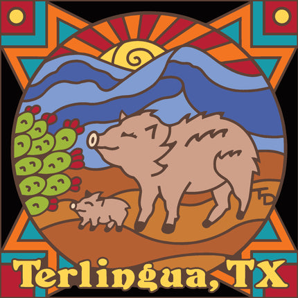 Colorful illustration of a boar and piglets with a sun and landscape, featuring 'Terlingua, TX' text. Terlingua, Texas Souvenir: Javelina Tile
