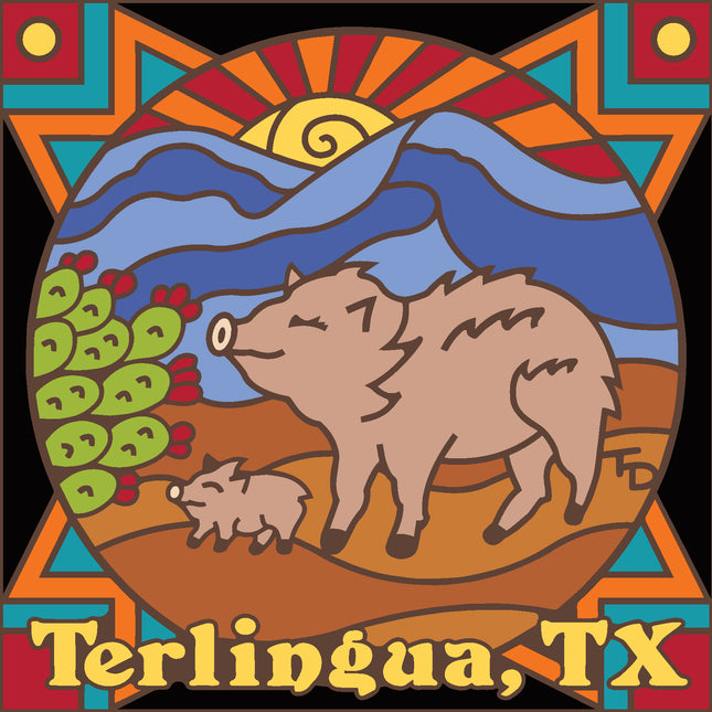 Colorful illustration of a boar and piglets with a sun and landscape, featuring 'Terlingua, TX' text. Terlingua, Texas Souvenir: Javelina Tile