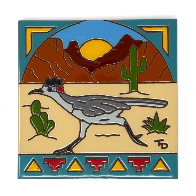 Desert Roadrunner - Earthtones Tile - Ceramic tile house sign, wall art gift or kitchen trivet