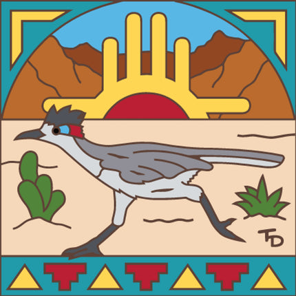 Desert Roadrunner with Zia - Southwest ceramic tile art gift for bird lovers