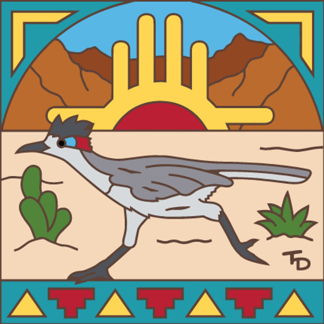 Desert Roadrunner with Zia - Southwest ceramic tile art gift for bird lovers
