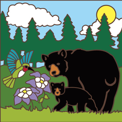 6"x6" Hand-Glazed Ceramic Forest Bear Tile – Mama Bear and Cub with Hummingbird and Purple Flowers | Nature Gift