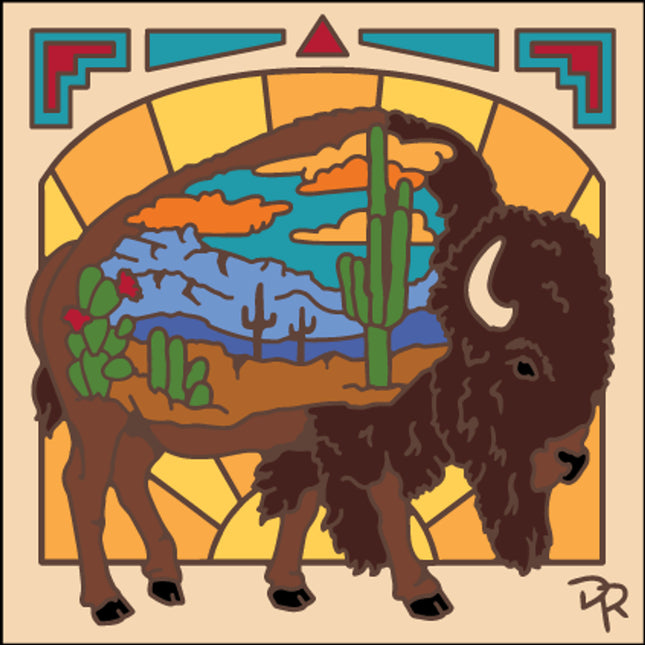 Buffalo Vista Tile |  Ceramic Tile Kitchen Trivet | Southwest Desert Gift | Wildlife Art