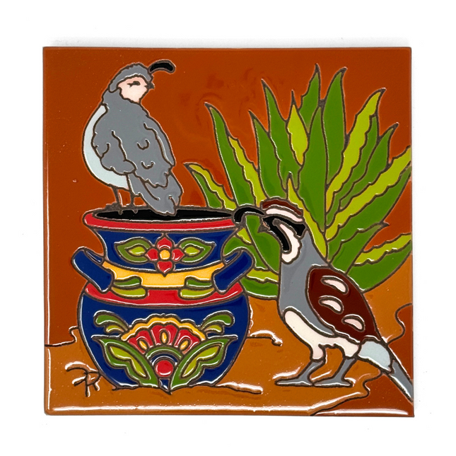 Quail with Talavera Pot - Earthtones Tile - Ceramic tile house sign, wall art gift or kitchen trivet