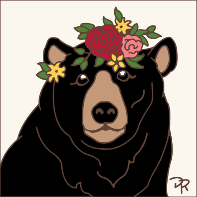 6"x6" Hand-Glazed Ceramic Bear in Floral Head Dress Tile | Nature Gift for Animal Lovers