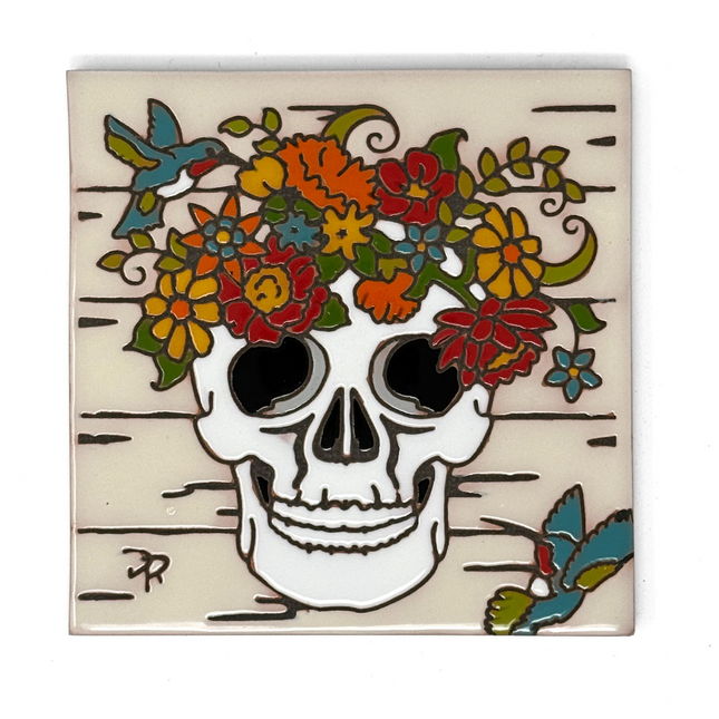 Farmhouse Floral Skull - Earthtones Tile - Ceramic tile house sign, wall art gift or kitchen trivet