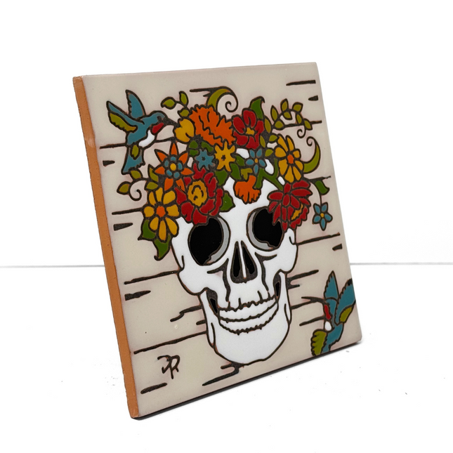 Farmhouse Floral Skull - Earthtones Tile - Ceramic tile house sign, wall art gift or kitchen trivet
