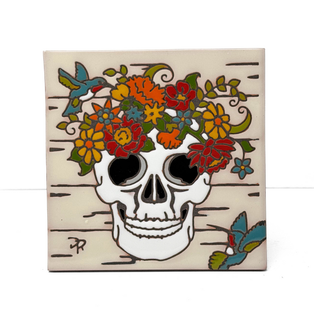 Farmhouse Floral Skull - Earthtones Tile - Ceramic tile house sign, wall art gift or kitchen trivet