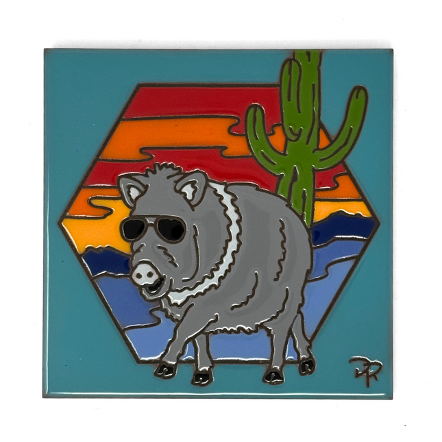 Javelina Sunset - Earthtones Tile - Ceramic tile house sign, wall art gift or kitchen trivet