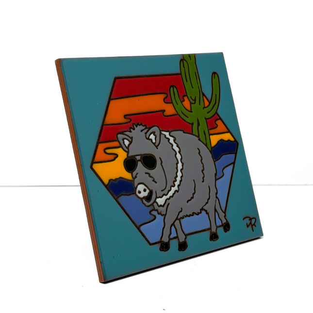 Javelina Sunset - Earthtones Tile - Ceramic tile house sign, wall art gift or kitchen trivet