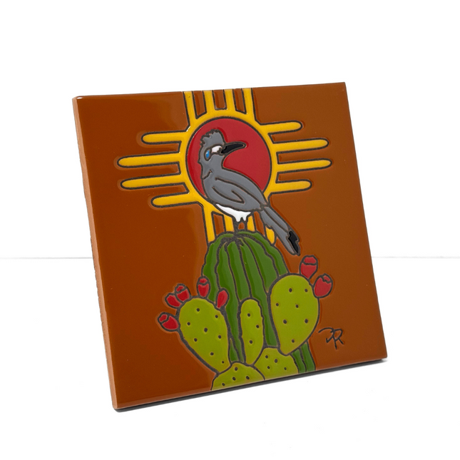 Roadrunner Desert Lookout Zia - Earthtones Tile - Ceramic tile house sign, wall art gift or kitchen trivet