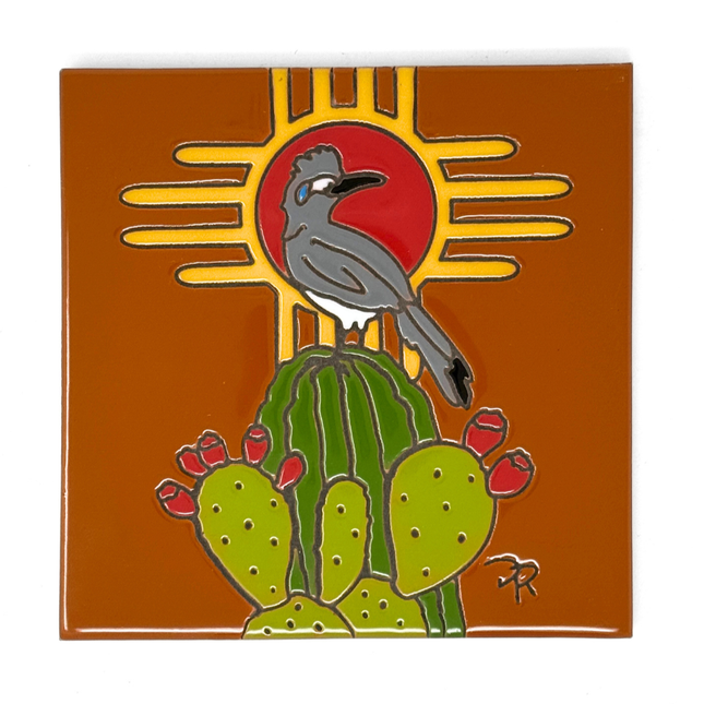 Roadrunner Desert Lookout Zia - Earthtones Tile - Ceramic tile house sign, wall art gift or kitchen trivet