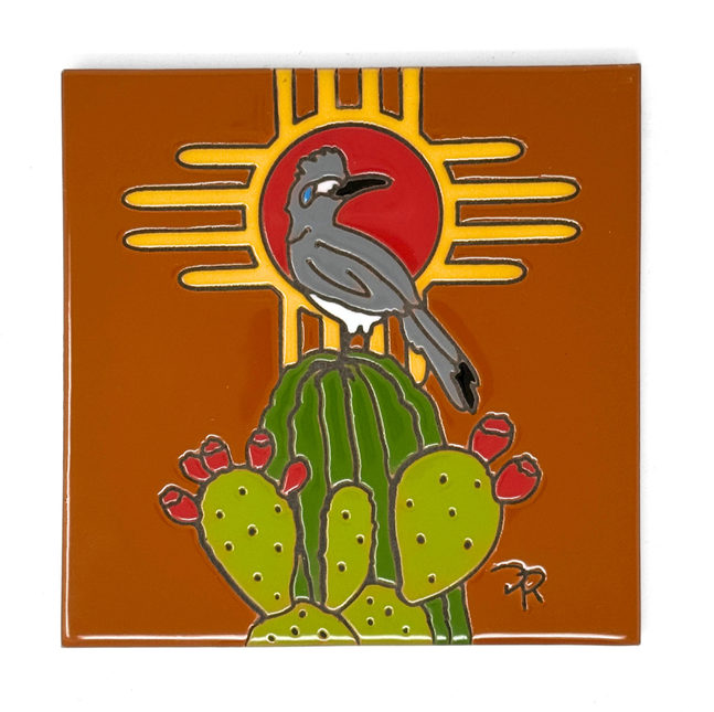 Roadrunner Desert Lookout Zia - Earthtones Tile - Ceramic tile house sign, wall art gift or kitchen trivet