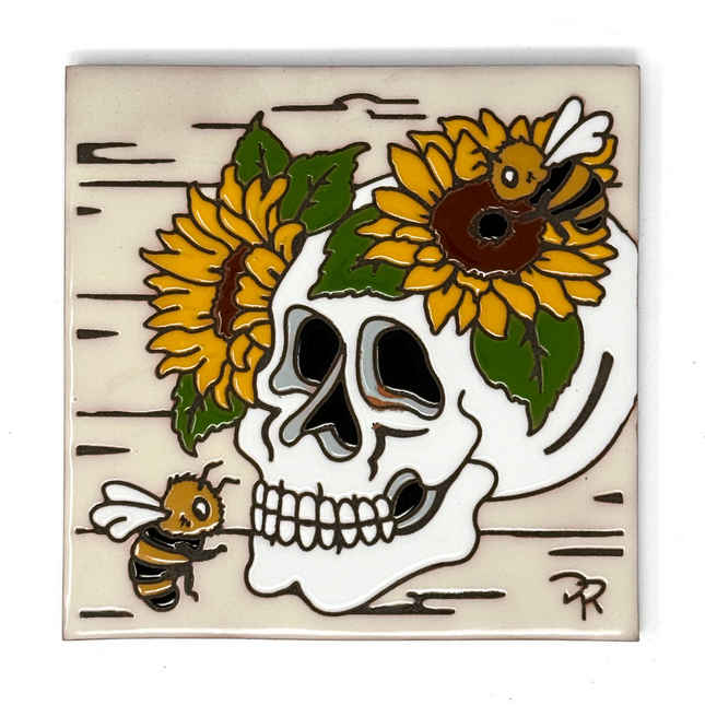 Farmhouse Sunflower Skull - Earthtones Tile - Ceramic tile house sign, wall art gift or kitchen trivet