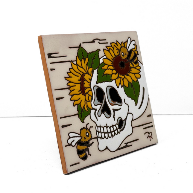 Farmhouse Sunflower Skull - Earthtones Tile - Ceramic tile house sign, wall art gift or kitchen trivet