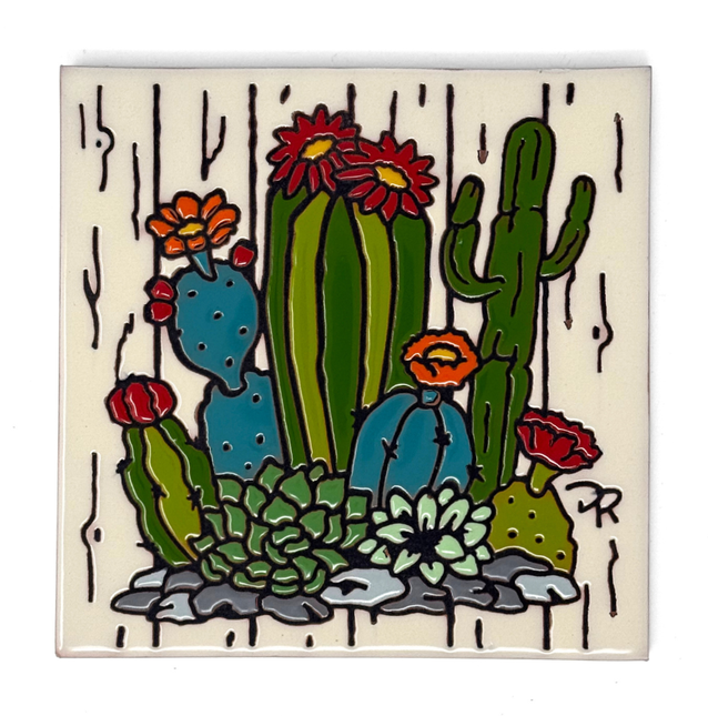Farmhouse Cactus Garden - Earthtones Tile - Ceramic tile house sign, wall art gift or kitchen trivet