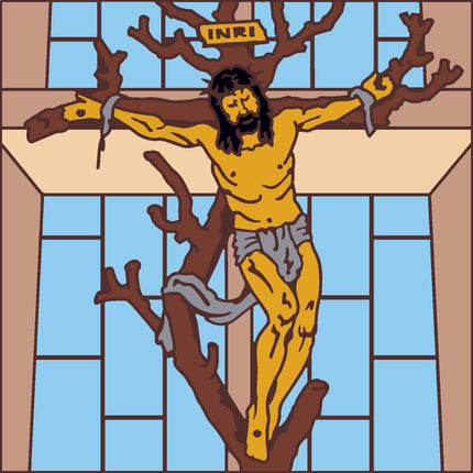 Stylized illustration of a crucifixion scene with a colorful background, Chapel of the Holy Cross, Sedona Arizona Tile