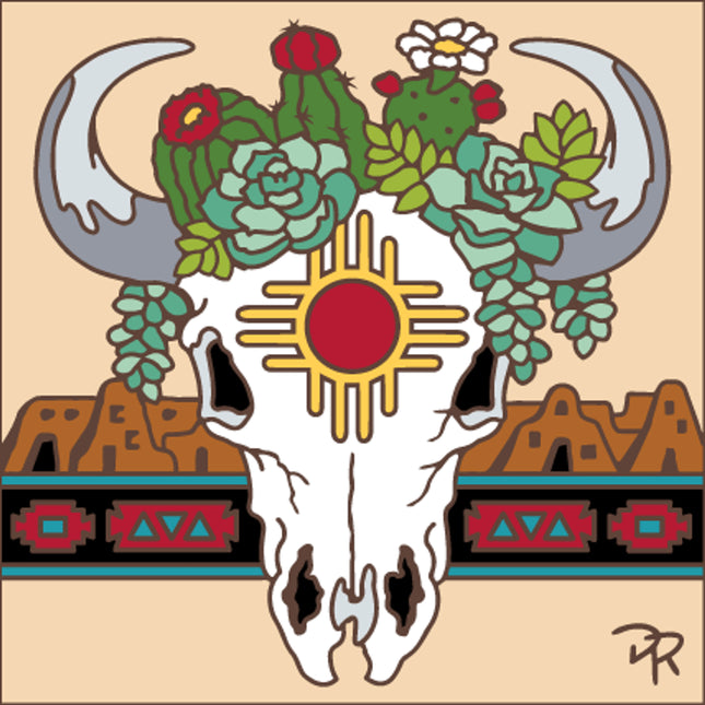 zia steer skull ceramic tile with cactus