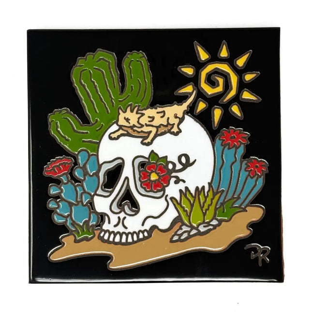 Day of the Dead Skull with Cactus Garden Friend - Earthtones Tile - Ceramic tile wall art gift or kitchen trivet