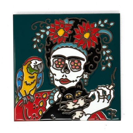 Day of the Dead Frida and Friends - Earthtones Tile - Ceramic tile house sign, wall art gift or kitchen trivet