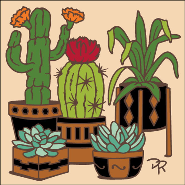 Cactus Planters Tile Art Trivet - Colorful Southwest art tile