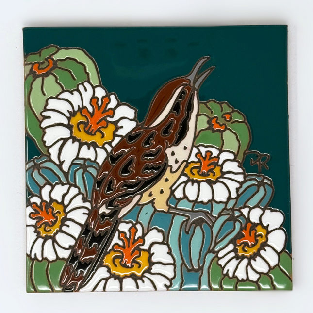 Desert Wren with Cactus Blooms Tile